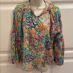Olivia James green floral button front blouse sz M